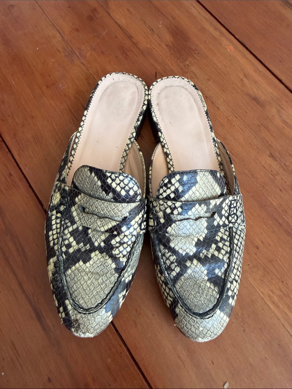 J. crew Snake-Print Slip-On Mules in Beige and Black